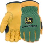 West Chester John Deere JD00008 Top Grain Deerskin Leather Driver Gloves – [1 Pair] X-Large, Spandex Back, Shirred Elastic, Slip-On Cuff, Keystone Thumb, tan/green, JD00008-XL