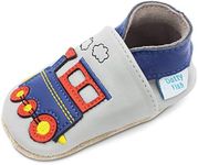 Dotty Fish Soft Sole Leather Baby Shoes Boys pre-Walkers. Grey with Blue Train. 12-18 Months.