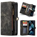 SWP Case for iPhone 13, Wallet Case w/Magnetic Detachable Cover [11 Card Slots] Clutch Wallet w/Wristlets Money Pocket Case Compatible with iPhone 13 6.1 inch 2021 (Black)