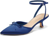 Coutgo Satin Kitten Low Heels with Bow Closed Pointed Toe Short Pumps Dress Wedding Party Shoes, Navy Blue, Size 5.5