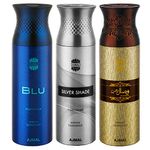 Ajmal Blu & Silver Shade & Wisal Dahab Deodorant Spray - For Men (200 ml, Pack of 3)