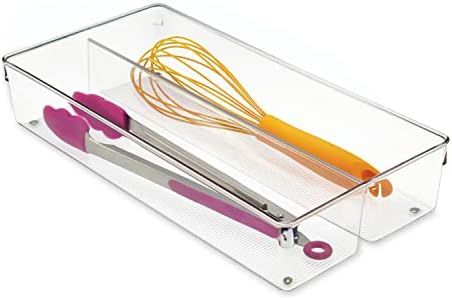 iDesign Cubertero para dividir cajones, separador de cajones grande de plástico con 2 compartimentos, ideal como organizador de cajones de cocina, transparente