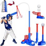 EagleStone 4-in-1 T Ball Set for Kids 3-5/5-8, Tee Ball Stand, Hanging Tee, Ball Launcher, and Golf, Tball Set with 6 Softballs, Baseball Outdoor Sports Toys for 2 3 4 5 6 Year Old Boys and Girls.