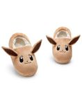 Pokemon Girls Slippers | Childrens Eevee Character Face Slip-On Loafer Slippers with 3D Ears | Kids Pocket Monsters Fur Lined House Shoes in Brown | Game TV Series Indoor Bedroom Footwear Merchandise