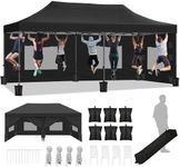 DWVO 10x20 Pop Up Heavy Duty Canopy Tent with 6 sidewalls, Roller Bag, 4 Ropes & 12 Stakes, 4 DIY Banners & 6 Sandbags for Patio, Party, Exhibition, Commerce (Black)