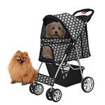 Flexzion Pet Stroller (Dot Black) Dog Cat Small Animals Carrier Cage 4 Wheels Folding Flexible Easy to Carry for Jogger Jogging Walking Travel Up to 30 Pounds with Sun Shade Cup Holder Mesh Window