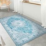 Taleta KALINA Washable Doormat Small Non Slip Area Rugs for Bedroom Vintage Boho Rug Soft Short Pile Rug Machine Washable Rugs for Living Room Indoor Entry Floor Rug (Lake Blue, 80x150 cm)