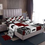 Plaid Deer Bear Fitted Sheet King Size,Wild Animal Arrow Hunting Antler Patchwork Microfiber Polyester Bed Shee Set for Man Adult,Rustic Red Buffalo Grid Bedding Set (1 Fitted,1 Flat,2 Pillows)