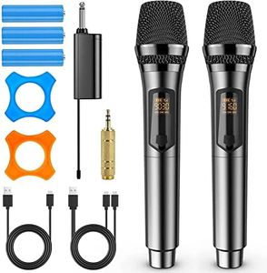 Wireless Microphones, Karaoke Microphone, UHF Wireless Dual Handheld Dynamic Microphone System with Rechargeable Mic and Receiver, Works 10-hour 200FT, 1/4"&1/8" Output, Plug and Play for Any Occasion