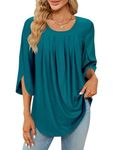 Viracy Business Casual Tops for Women, 3/4 Sleeve Office Wear Crewneck Pleated Stunning Flattering Fashionable Casual Flowy Spring Fall Outfits,Dark Cyan-Medium