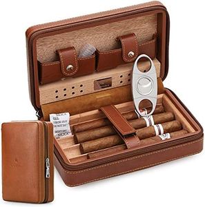 Time C club 4-Finger Portable Travel Leather Cigar Case, Cigar Cutter,Cigar Humidor with Cigar Cutter and Humidifier, Groomsmen Gift, Birthday Gift