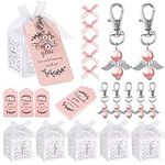 Outus 60 Pcs Baptism Party Favors for Guest Boy Girl Baby Shower Favors Bulk 20 Angel Pendant Keychains Decoration 20 Thank You Tags 20 Cross Shape Boxes for First Communion Holy Return Gifts(Pink)