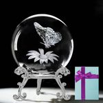 KOMINZZ 3D Crystal Ball Laser Engraved Butterfly Flower Figurine Butterfly Gifts for Women Glass Sphere Paperweights with Stand Crystal Ornaments Glass Ornaments for the Home Office Decor