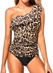 Yonique Women's Two Piece Swimsuits One Shoulder Tankini Tummy Control Bathing Suits Ruffle Swimwear, Leo, Small