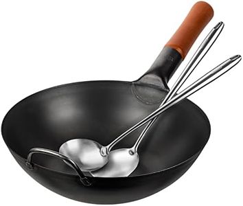 YOSUKATA Carbon Steel Wok Pan – 11,8 “ Woks and Stir Fry Pans + 17’’ Wok Spatula and Ladle - Set of 2 Heat-Resistant Wok Tools