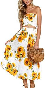 Angashion Women's Floral Crop Top Maxi Skirts Set 2 Piece Outfit Dress Sunflower