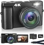 4K Digital Camera with Flash, 48MP Camera for Photography Teens Adults Autofocus Vlogging and YouTube Cameras with Flip Screen, Anti-Shake, 16X Digital Zoom, 32GB Card, Two Batteries, Lanyard