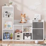 GAOMON Toy Storage Organizer with Reading Nook 44.1in Width Kids Bookshelf White Bookcase Seat Cushion Wooden 6-Cubby Storage Bench 2 Drawers Toddler Cabinet Shelf for Kids Room, Playroom, Nursery