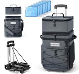 Odoland 72Can Cooler Bag with Wheels and Handle, Leakproof Insulated Collapsible Rolling Soft Leather Camping Cooler Bag with Stable All-Terrain Cart for Beach Travel Picnic Camping, Grey