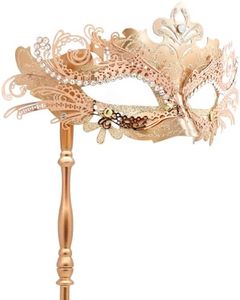 Coddsmz Masquerade Mask with Stick Venetian Mask Mardi Gras Decorations for Womens Halloween Costume Mask, GR3WO26WT01356A15CITO162, Rose Gold