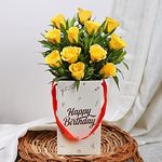 FlowerAura Fresh Live Flower Bouquet of 12 Yellow Roses Flowers In Birthday Box For Birthday Gift & Gift For Girlfriend, Boyfriend, Colleagues, Reatives, Husband, Wife & Parents (Same Day Delivery)