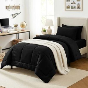 CozyLux Twin XL Comforter Set Black, 5 Pieces Twin Extra Long Bed in a Bag for College Dorm, All Season Bedding Set with Stitch Quilted Comforter, Flat Sheet, Fitted Sheet, Pillowcases