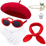 Zhanmai 6 Pcs French Red Beret Hat Set Women Girls French Party Accessories Retro Scarf Sunglasses Gloves Brooch Costume