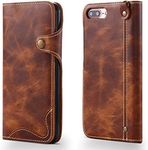 nincyee Genuine Leather Wallet Case for iPhone 8 Plus,Classic Oil Wax Pattern Real Leather Button Card Slot Flip Stand Case Cover with Lanyard