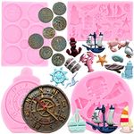 ZiXiang Sailing Ship Silicone Molds Compass Anchor Rudder Lifebuoy Lighthouse Fondant Molds Treasure Coins Chocolate Mold For Cupcake Cake Topper Decoration Candy Polymer Clay Set Of 4