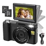 4K Digital Camera for Photography, Autofocus 48MP Vlogging Camera for YouTube with 16X Digital Zoom Macro Camera, 3’’180°Flip Screen Compact Video Camera with Liftable Flash, SD Card&2 Batteries