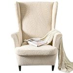 Stretch Wingback Chair Covers, 2 Piece Armchair Slipcover Knitted Jacquard Wingback Sofa Chair Slipcover Furniture Protector for Living Room Bedroom (Leaf-Beige)