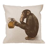 HGOD DESIGNS Gorilla Pillow Cover,Decorative Throw Pillow Monkey Sitting and Thoughtful Look A Glass of Beer Pillow cases Cotton Linen Square Cushion Covers For Home Sofa couch 18x18 inch Brown