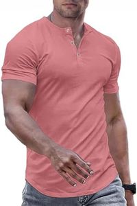 JMIERR Mens Muscle Slim Fit Button Henley Shirts Summer Crewneck Short Sleeve Longline Fitted T-Shirt Gym Workout Athletic Tee Shirt for Man, 4XL, Pink