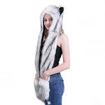 Wolf Faux Fur Party Animal Hat Scarf Gloves Mittens for Women Men 3-in-1 Flush Furry Hoodie Costume Hats Soft Warm Animal Hood Hat Cap Ear Flap Beanie Grey