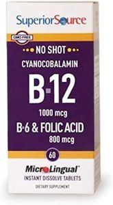 Superior Source No Shot Vitamin B-12 Cyanocobalamin 1000 mcg, B-6, Folic Acid 800 mcg - Support Brain & Heart Health - Aids Natural Energy Levels - 60 Sublingual Dissolving Tablets