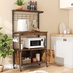 Bestier Microwave Stand with Storage Cabinet, Height-Adjustable Bakers Racks for Kitchen with Wheels & Feet, Industrial Rolling Coffee Bar Shelf with 10 S-Hooks Rustic Brown