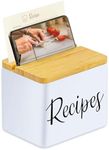 NEAT SECRETS Recipe Box With Cards and Dividers - White Metal Body, Wooden Lid with Phone Holder and Recipe Card Holder - Includes Set Of 150 4x6 Recipe Cards and 15 Recipe Card Dividers