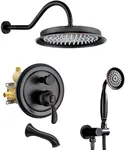 Homekicen Antique Shower System with Tub Spout: 9 inch Vintage Rain Shower Faucet, Wall Mount Rainfall Head and Handheld Spray, 3 Way Diverter Brass Valve with Trim Kit, Oil Rubbed Bronze