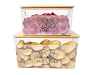 Xbopetda Potato Onion Organizer, 2 Pack Vegetable Storage Tins with Wooden Lids and Handles, Acrylic Onion Garlic Potato Jars Set - Kitchen Counter Pantry Organization and Storage, Long Shelf Life