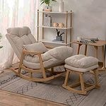 Majestic Wooden Hub® Comfortable Well Cushioned Rocking Chair with Footrest | Mid-Century Rocking Chair for All with Soft, Durable Cushioned and Quality Fabric for Home & Office (Cream)