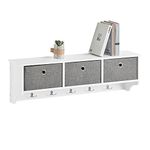 Haotian FRG282-W, Wall Coat Rack Wall Shelf Wall Storage Cabinet Unit with 3 Baskets 5 Hooks