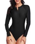 Daci Women Long Sleeve Rash Guard Zipper Surfing Swimsuit One Piece UV Protection Bathing Suit Black L