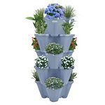 Pots4Nature 5 Tier Stacking Vertical Flowers Garden Vegetables Strawberries Herbs Plastic Planter Pots For Indoor/Outdoor, Terrace, Balcony, Patios And Backyards Gardening Tower-Light Grey - 37.5 Cm