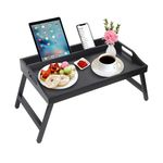 Bed Tray Table with Handles Folding Legs Bamboo Breakfast Food Tray with Media Slot,Foldable, Laptop Desk,Snack,TV Kitchen Serving Platters Tray (Black)