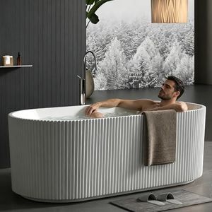 67" Freestanding Acrylic Soaking Tub, Modern Fluted Oval Bathtub with Double-Walled Insulation, Ergonomic Deep Soaking Tub, Non-Slip Base, cUPC Certified, White