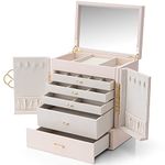 Vlando Large 5 Layer Jewellery Box, PU Leather Jewellery Organiser with Removable Jewellery Tray for Necklace Earrings Rings Bracelets, Jewellery Storage Display Case for Women Gift, Apricot White