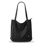 KALIDI Corduroy Tote Bag with Zipper Waterproof Cord Tote Bag for Women with Pockets Compartments Large Capacity Shoulder Bags Handbags for School Work Shopping Travel Daily Use,Black