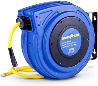 Goodyear Air Hose Reel Retractable 3/8" Inch x 65' Feet Premium Commercial Flex Hybrid Polymer Hose Max 300 Psi Heavy Duty Spring Driven Polypropylene Construction w/Lead-in Hose and PVC Handle