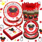 Piooluialy Mickey Themed Mouse Birthday Party Supplies - Mickey Birthday Party Decorations Include Dinner Plates, Plates, Cups, Napkins, Dinnerware, Mickey Birthday Tableware Set Supplies | Serves 24