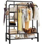 KLASS Heavy Duty Clothes Rail, Sturdy 120KG Black Metal Rack With Double Hanging Clothing Shoe Rack, Storage Shelves & 4 Coat Hooks, Freestanding Rails For Bedroom, Office, Shop